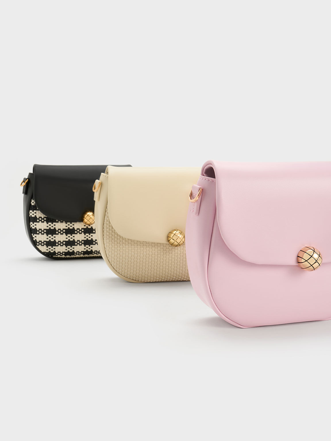Quilted Ball Curved Crossbody Bag, Black, hi-res
