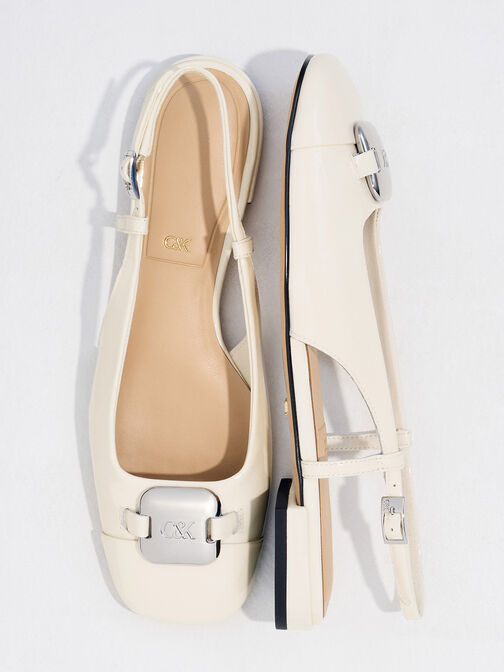 Patent Leather Metallic-Accent Slingback Flats, White, hi-res