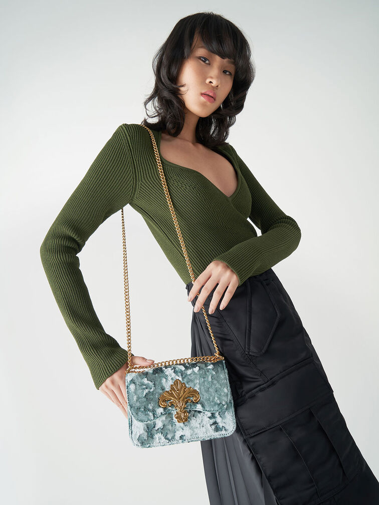 Meriah Velvet Chain Strap Crossbody Bag, Steel Blue, hi-res