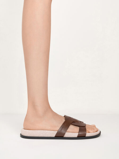 Linen Interwoven Cut-Out Slide Sandals, Dark Brown, hi-res