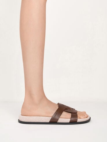 Linen Interwoven Cut-Out Slide Sandals, Dark Brown, hi-res
