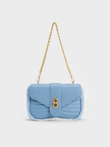 Aubrielle Fur-Trim Panelled Crossbody Bag, Light Blue, hi-res