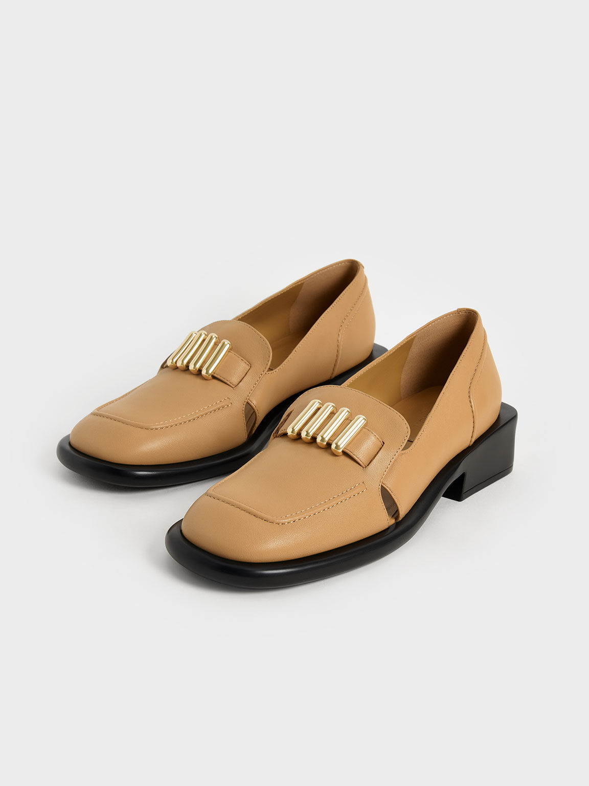 真皮金釦粗跟樂福鞋, 黃褐色, hi-res