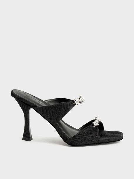 Glittered Gem-Encrusted Sandals, Black, hi-res