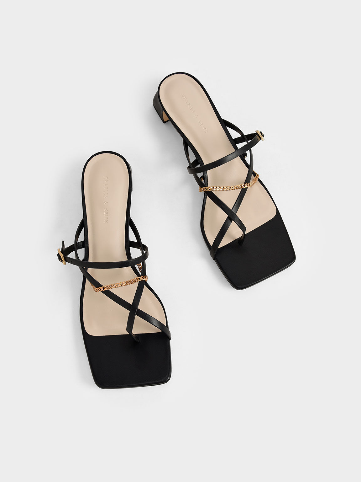 Chain Link Toe-Ring Sandals, Black, hi-res