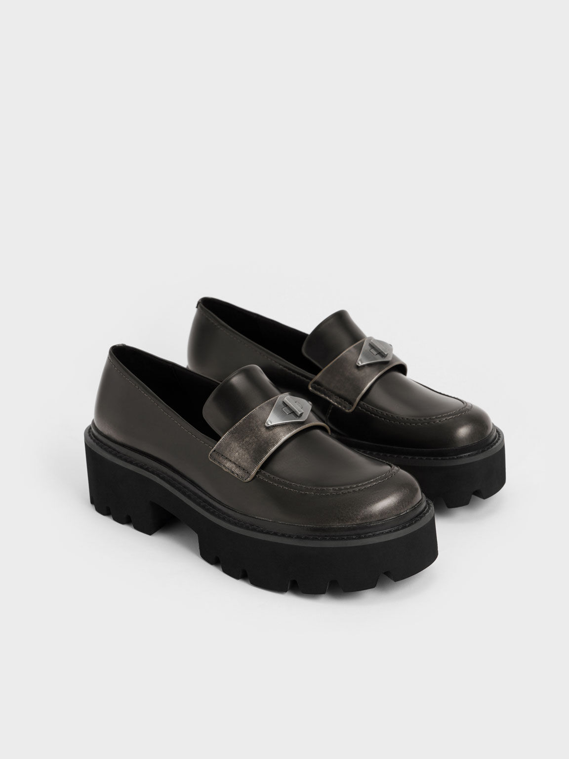Metallic Accent Chunky Platform Penny Loafers, Black Textured, hi-res
