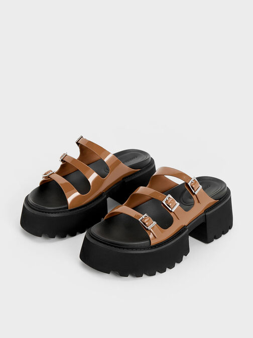 Sandalias Nadine de charol con triple correa y plataforma, Coñac, hi-res