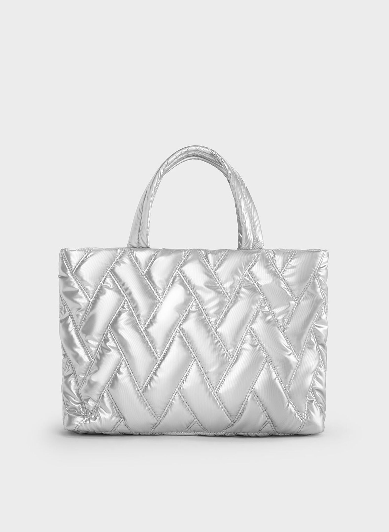 Nylon Chevron Boxy Tote Bag, Silver, hi-res