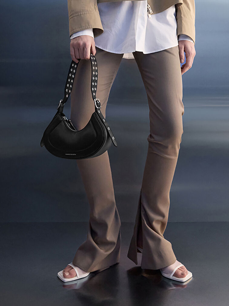 Bolso curvo Petra con correa de ojal, Noir, hi-res