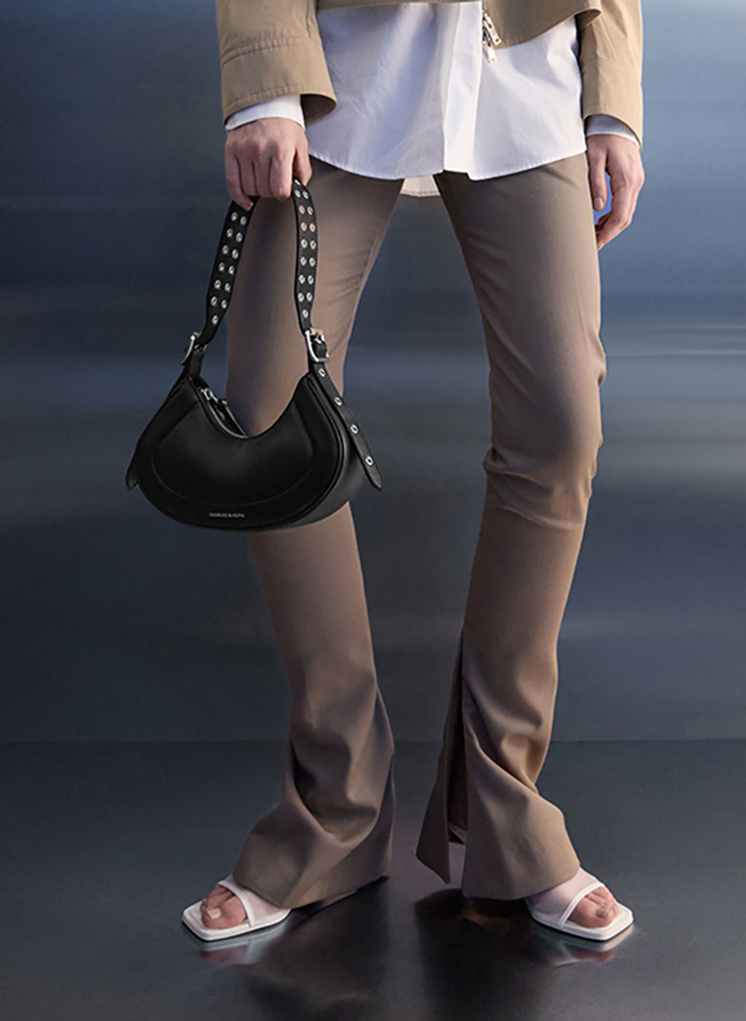Petra Grommet-Strap Curved Shoulder Bag, Noir, hi-res