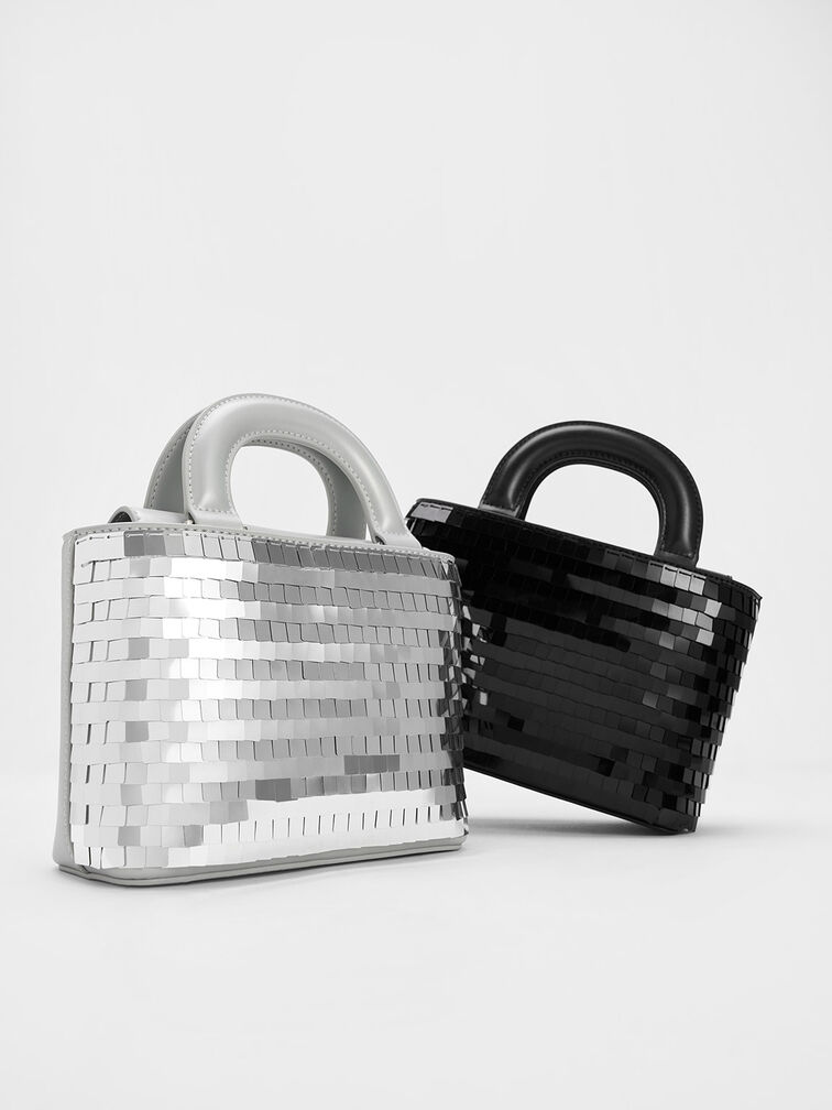 Sequinned Double Handle Tote Bag, Black, hi-res