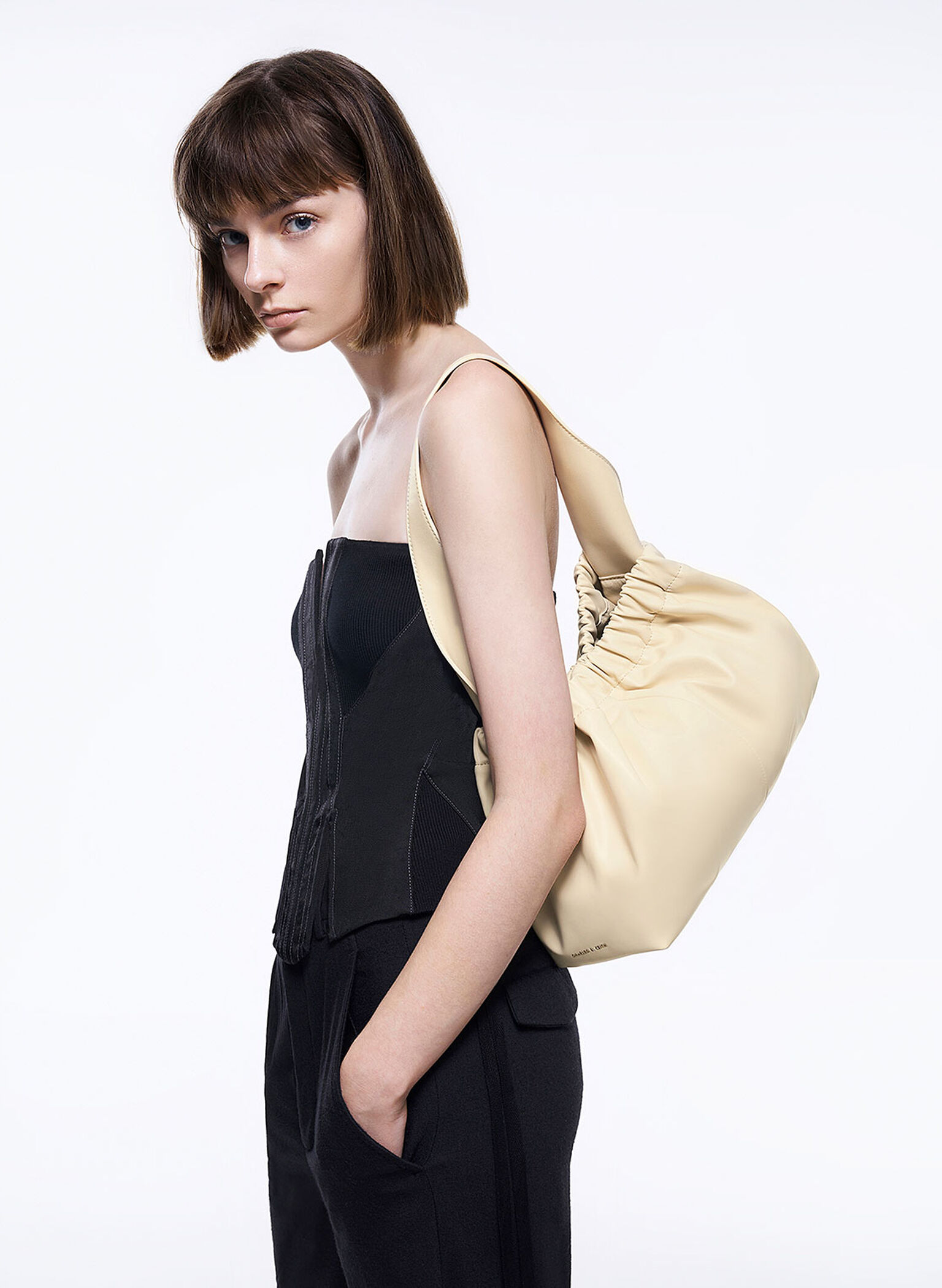 Large Ally Ruched Slouchy Bag, Beige, hi-res