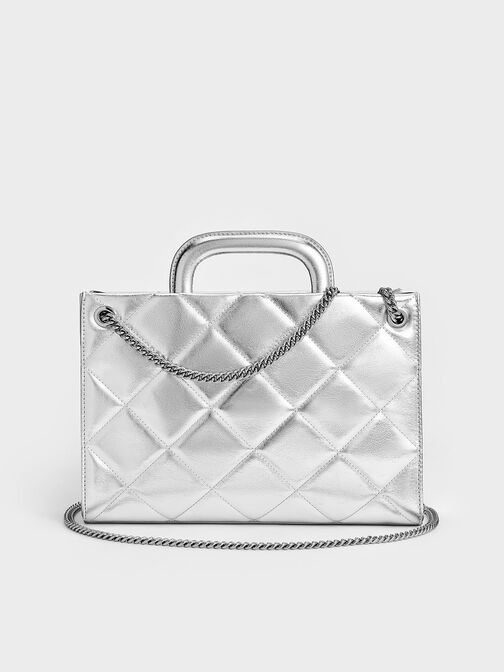 Apfra Metallic Quilted Chain-Handle Bag, Silver, hi-res