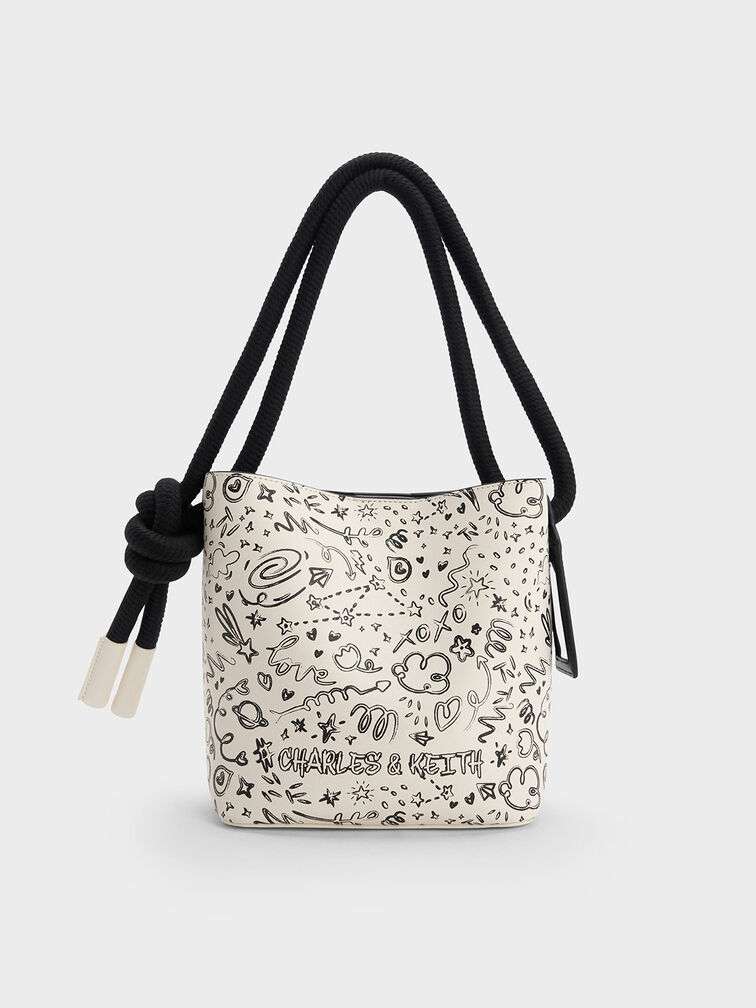 Gwiana Knotted Printed Bucket Bag, Cream, hi-res