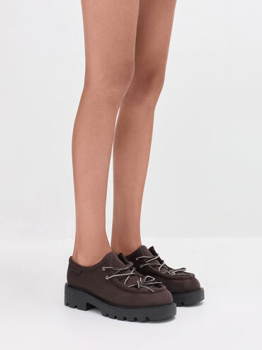 Faux Suede Patterned-Lace Derbys, Dark Brown Textured, hi-res