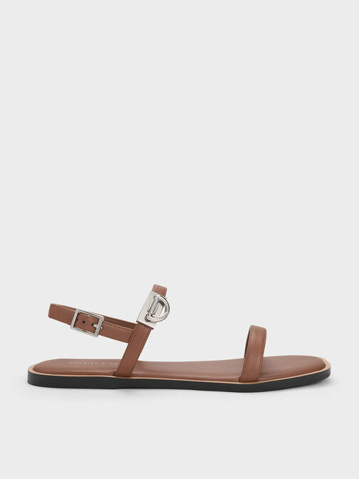 Double Metallic Buckle Sandals, Brown, hi-res