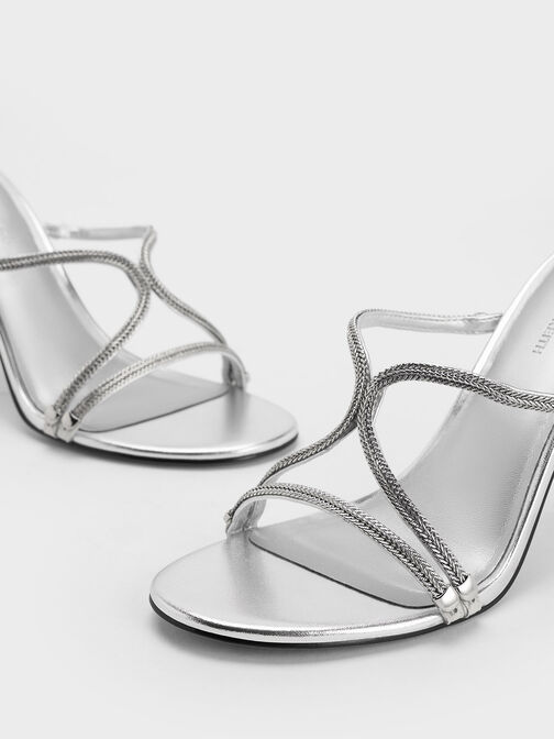 Metallic Braided Strappy Heeled Mules, Silver, hi-res