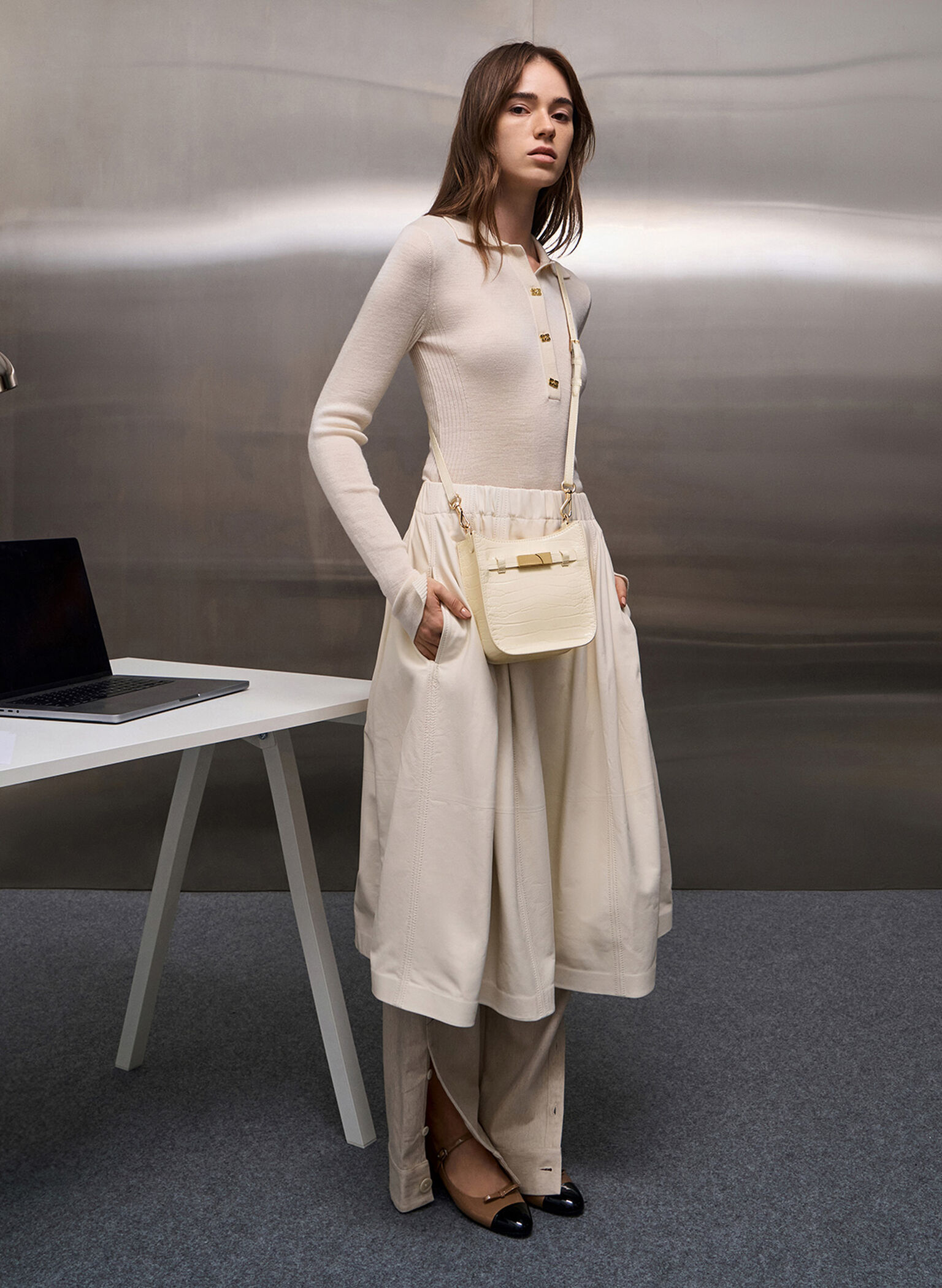 Aurelia Croc-Effect Metallic-Accent Crossbody Bag, Cream, hi-res