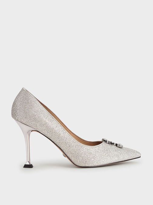 Glitter Gem-Embellished Pumps, Silver, hi-res