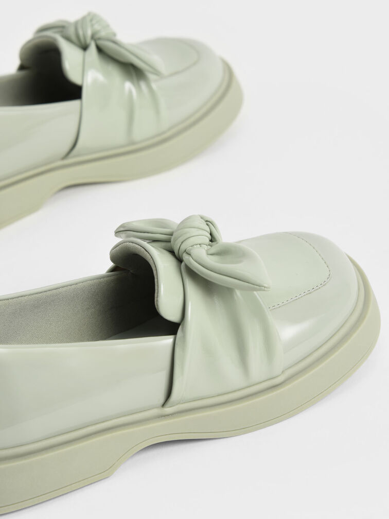 Girls' Patent Bow Loafers, Sage Green, hi-res