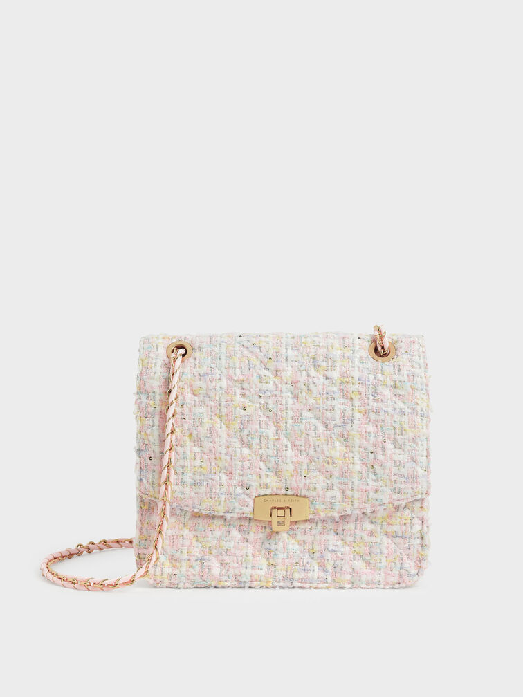 Tweed Chain Strap Bag - Pink