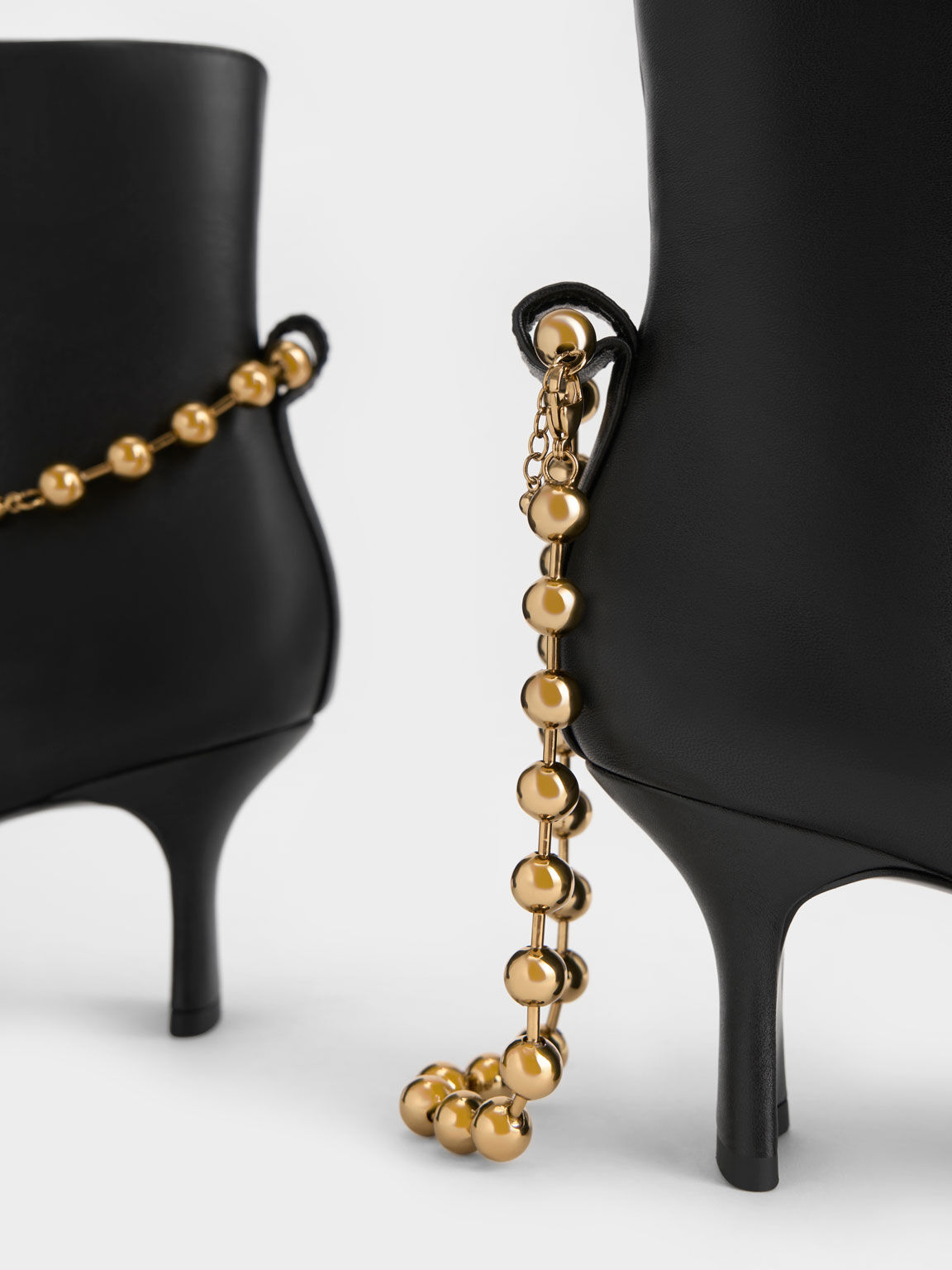 Beaded-Link Leather Ankle Boots, Black, hi-res