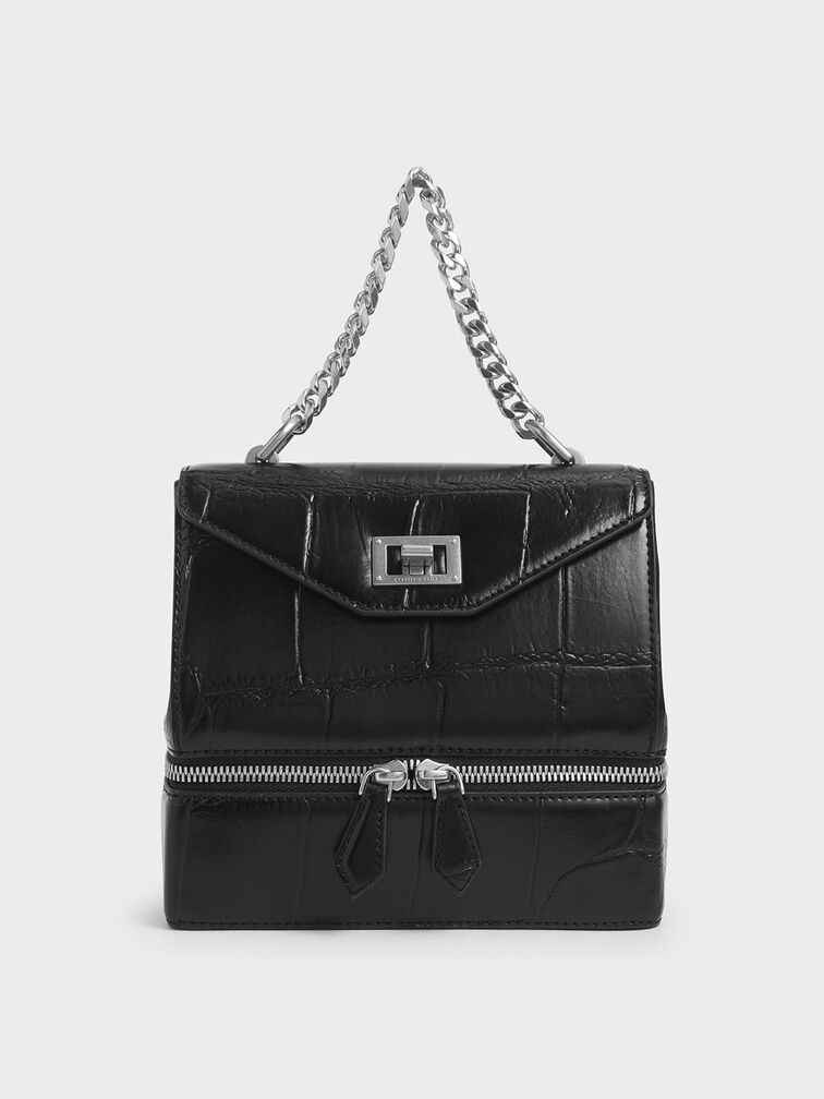 Croc-Effect Two-Way Zip Handbag, Black, hi-res