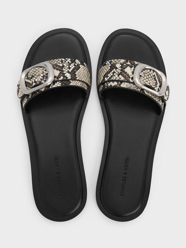 Snake-Print Buckle-Strap Slide Sandals, Animal Print Natural, hi-res