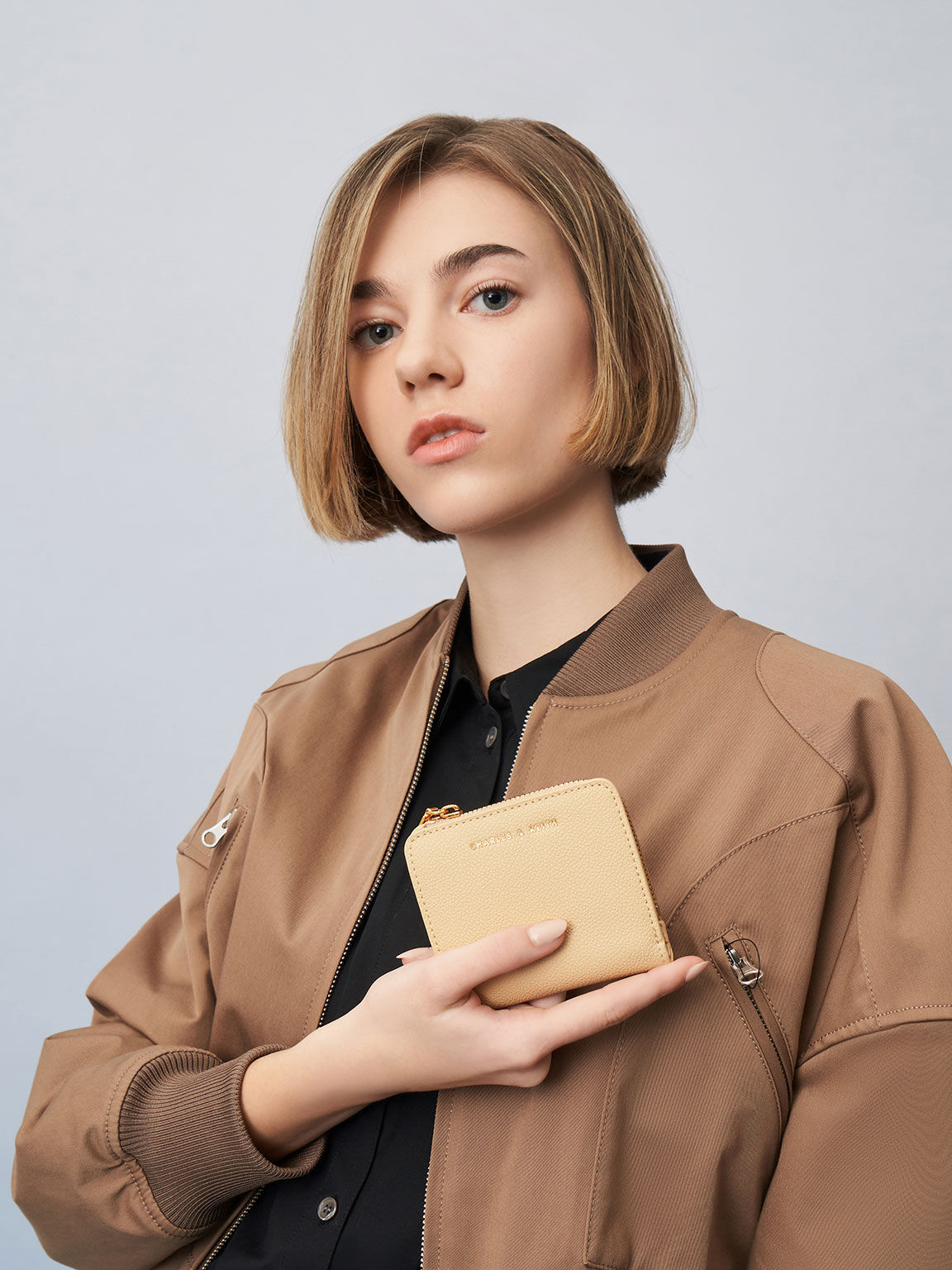 Snap Button Cardholder, Beige, hi-res