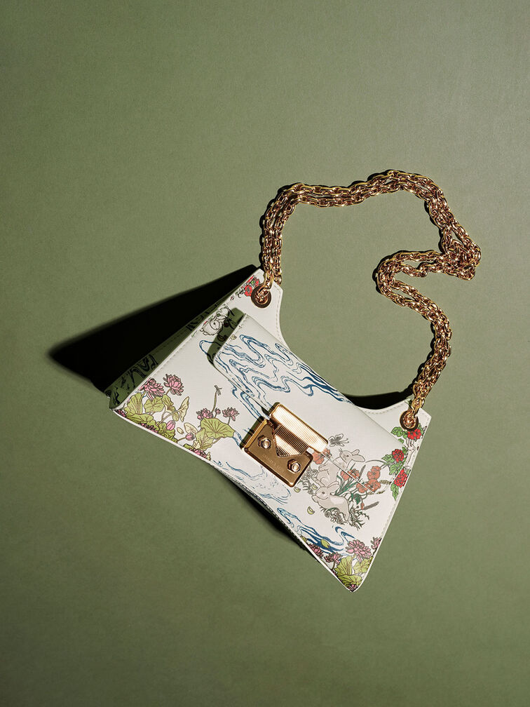 Rabbit Illustrated Chain Handle Bag, Cream, hi-res