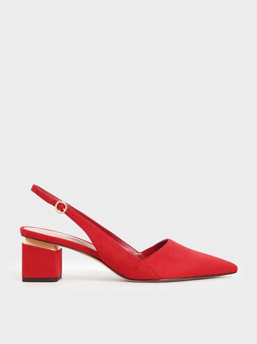 Pointed Textured Slingback Heels, Red, hi-res