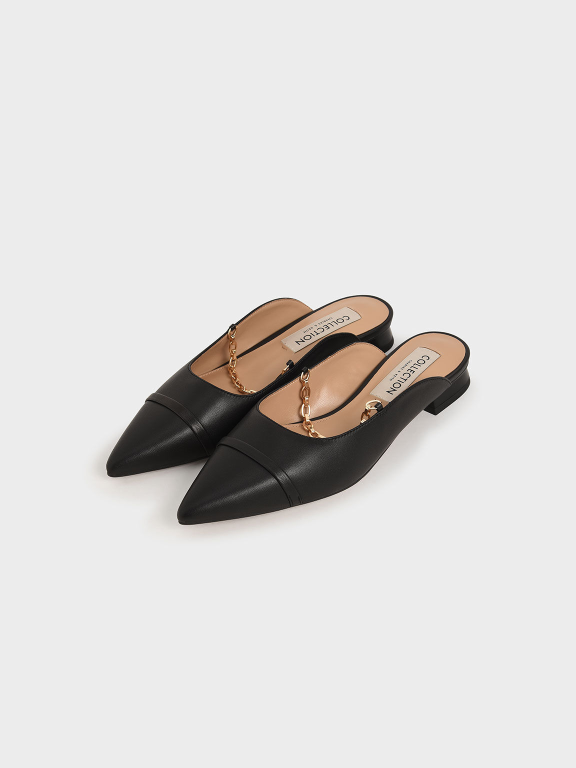 Leather Chain Link Mule Flats, Black, hi-res