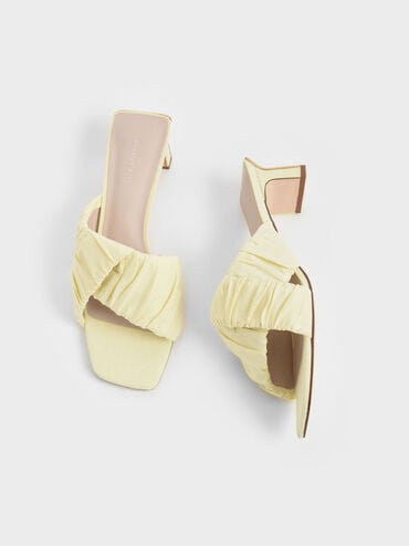 Linen Asymmetric Ruched Mules, Yellow, hi-res