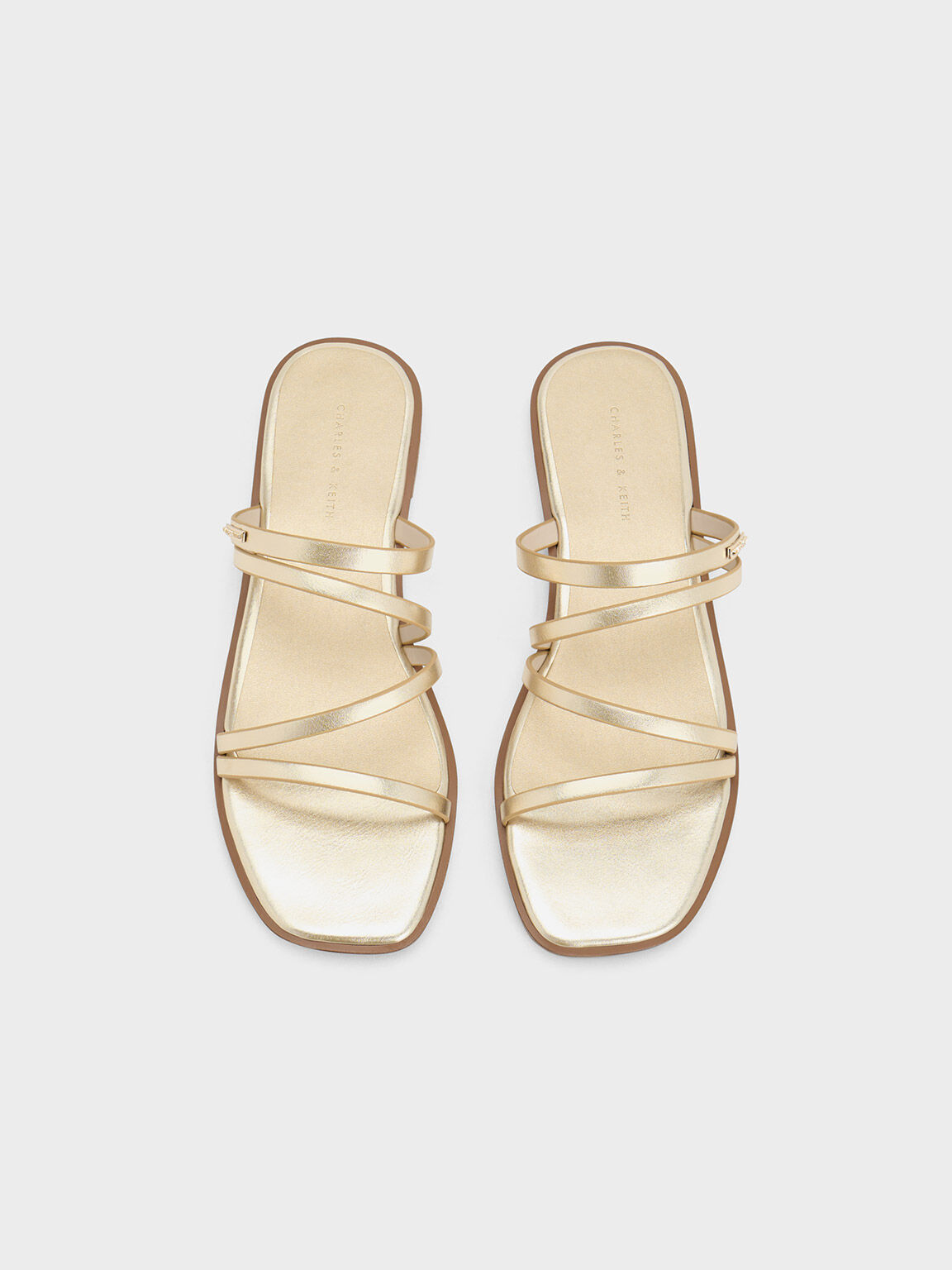 Metallic Strappy Slide Sandals, Gold, hi-res