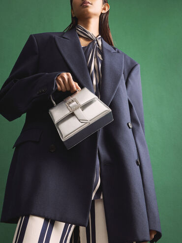 Metallic Crystal-Buckle Belted Top Handle Bag, Silver, hi-res