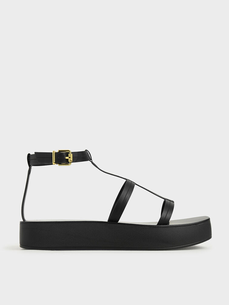 T-Bar Flatform Sandals, Black, hi-res