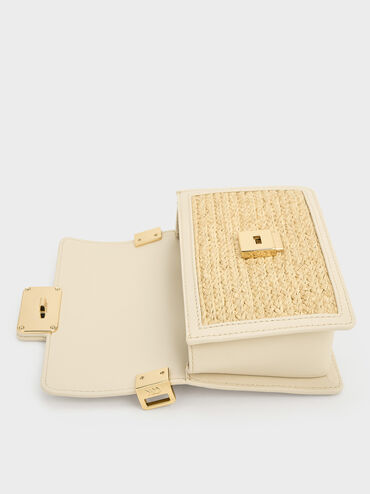 Bolso tipo caja de cuero y rafia, Beige, hi-res