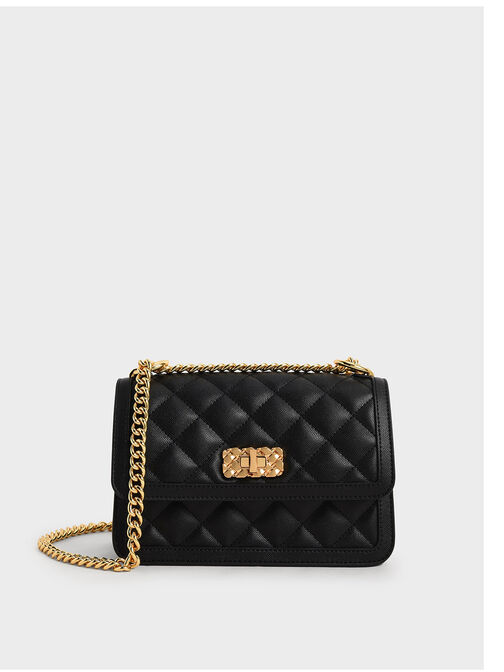 Charles & Keith - Women's Micaela Quilted Chain Bag, Black, M