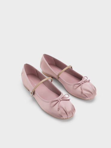 Satin Bow Mary Jane Flats, Pink, hi-res