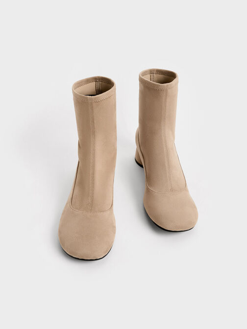 Textured Stitch-Trim Cylindrical Heel Ankle Boots, Beige, hi-res