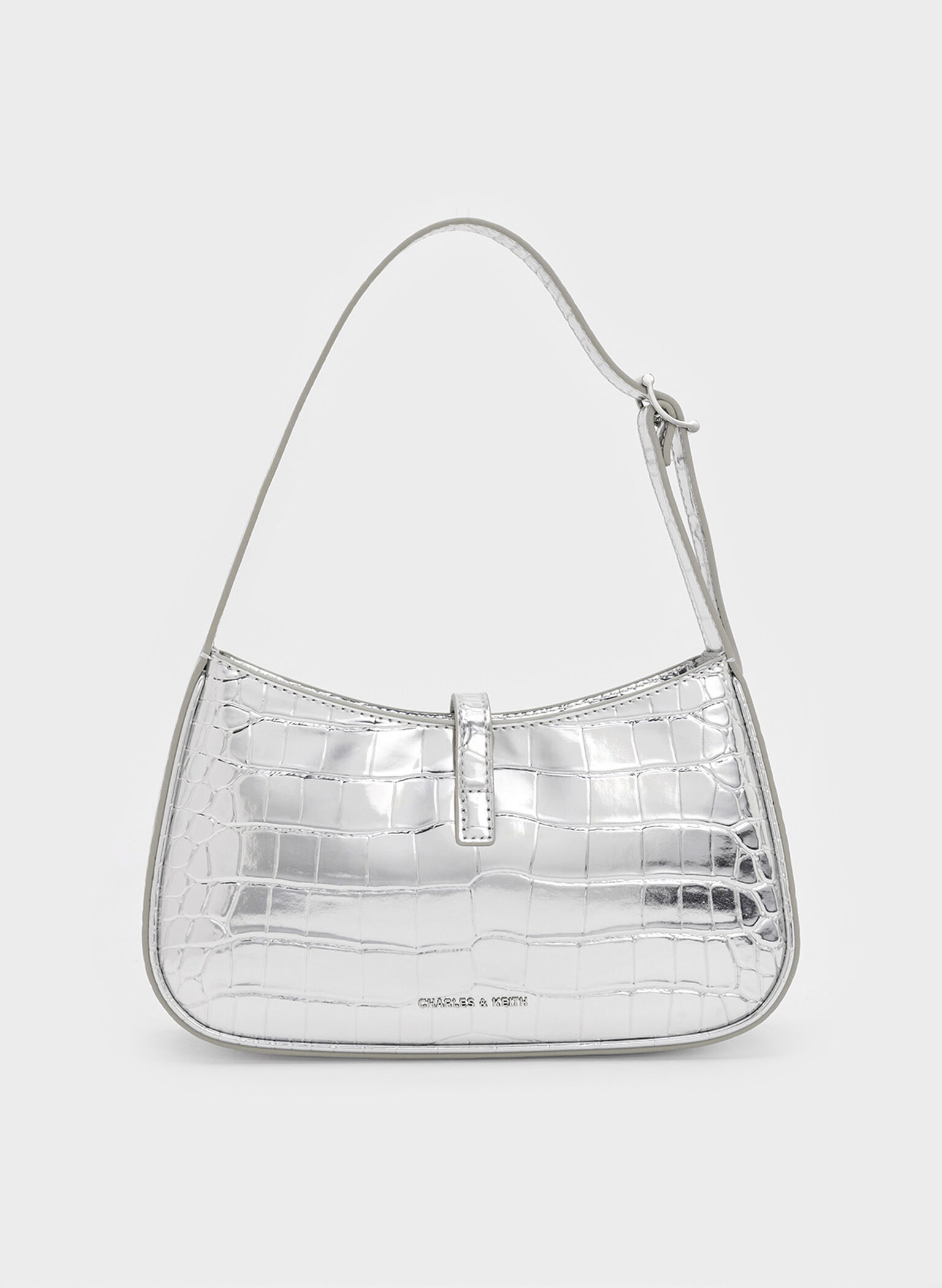 Bolso Cesia de efecto cocodrilo con detalles metálicos, Plateado, hi-res