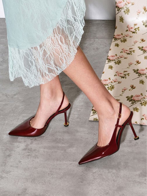 Wynn Patent Pointed-Toe Sculptural-Heel Slingback Pumps, Red, hi-res
