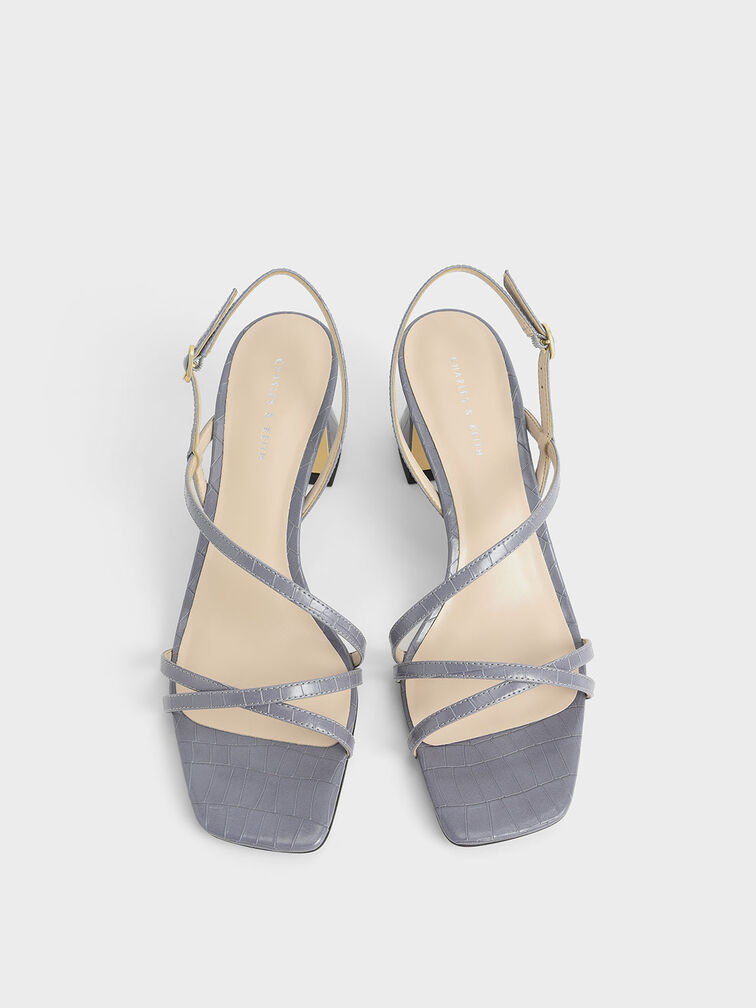 Croc-Effect Strappy Heeled Sandals, Animal Print Blue, hi-res