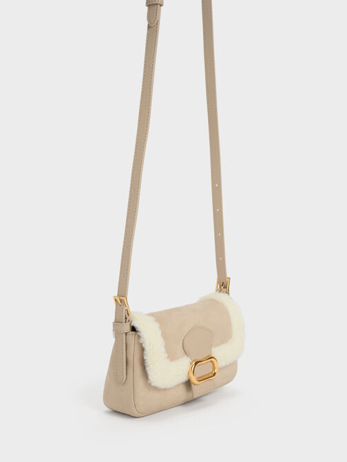 Daki Fur-Trim Belted Shoulder Bag, Beige, hi-res