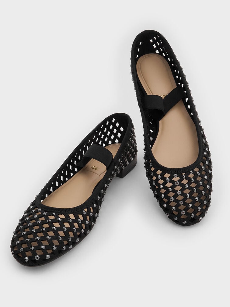 Bailarinas Mary Janes recortadas con tachuelas, Negro, hi-res