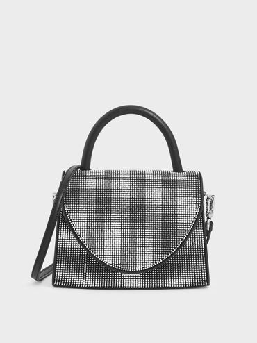 Microsuede Embellished Mini Top Handle Bag, Black, hi-res