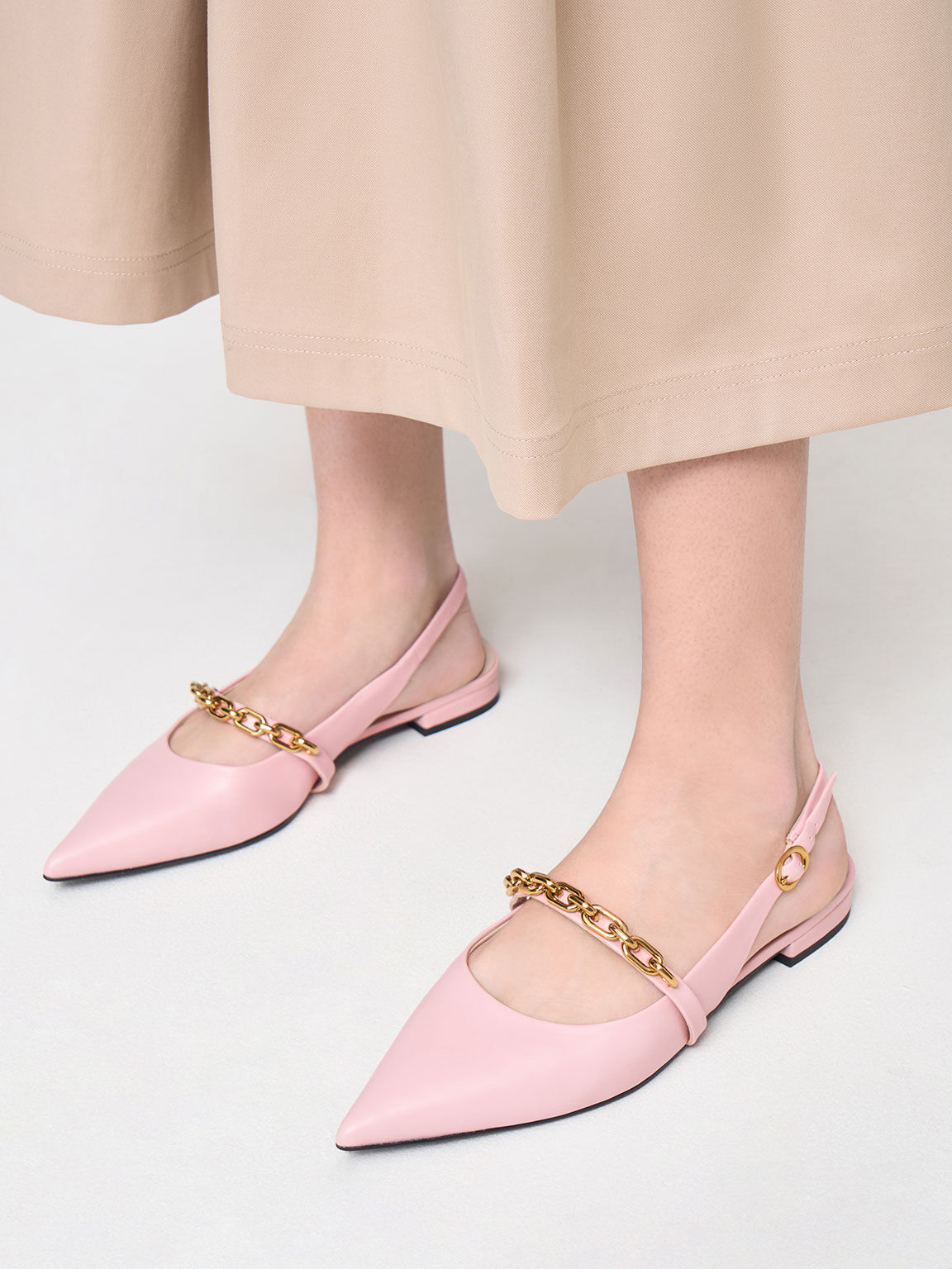 Chain-Link Strap Slingback Flats, Light Pink, hi-res