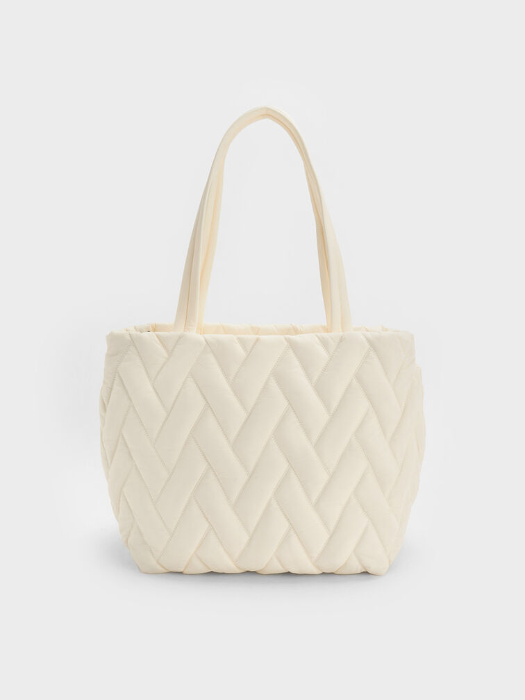Bolso tote estilo chevron de nylon, Crema, hi-res