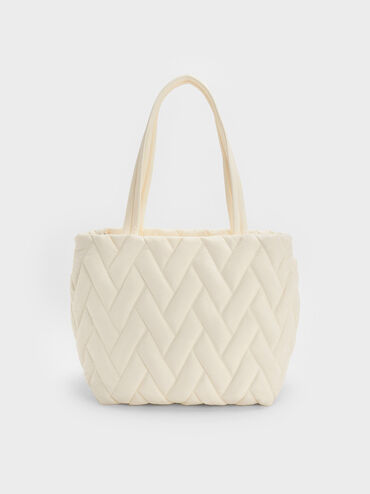 Bolso tote estilo chevron de nylon, Crema, hi-res