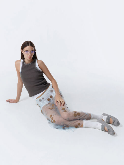 Winona Felt Bow Furry-Strap Mary Jane Flats, Light Grey, hi-res